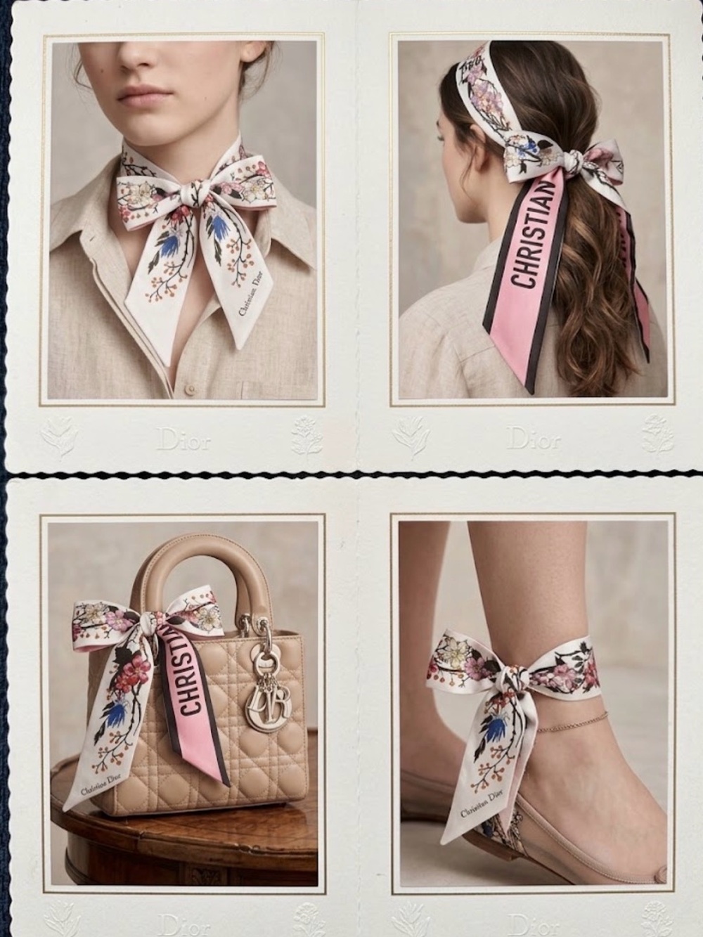 Dior Pink and White Floral Silk Twilly Mitzah Scarf 100% Silk New No box,no bag